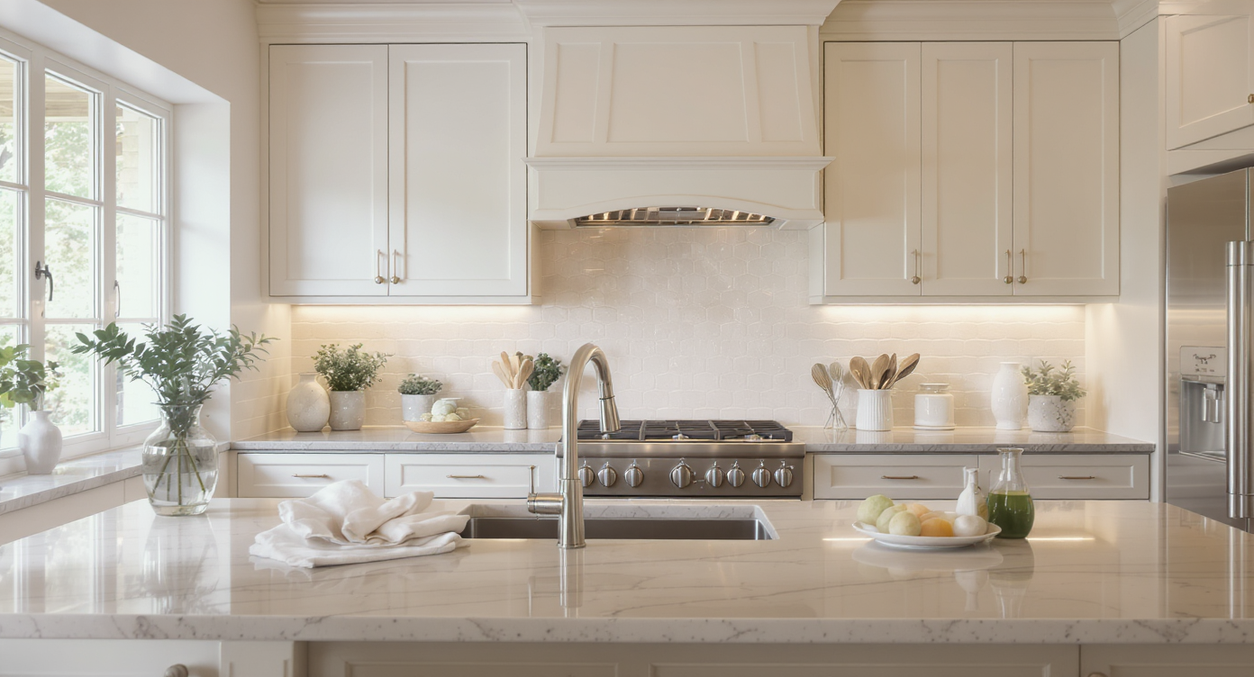 A kitchen with soft neutral cabinetry and natural stone countertops, creating a calm and inviting cooking space.