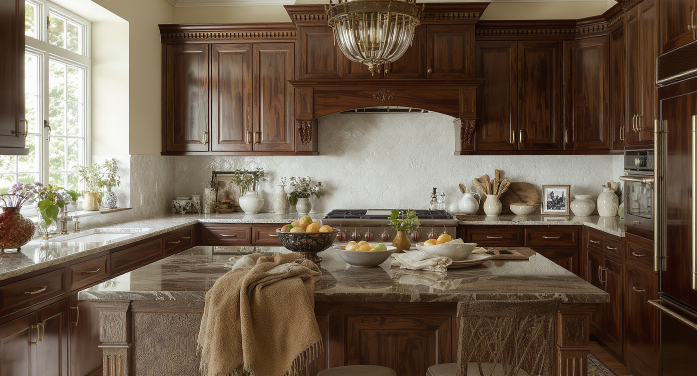 A kitchen with rich walnut cabinetry creating a captivating contrast against lighter walls for a timeless look.