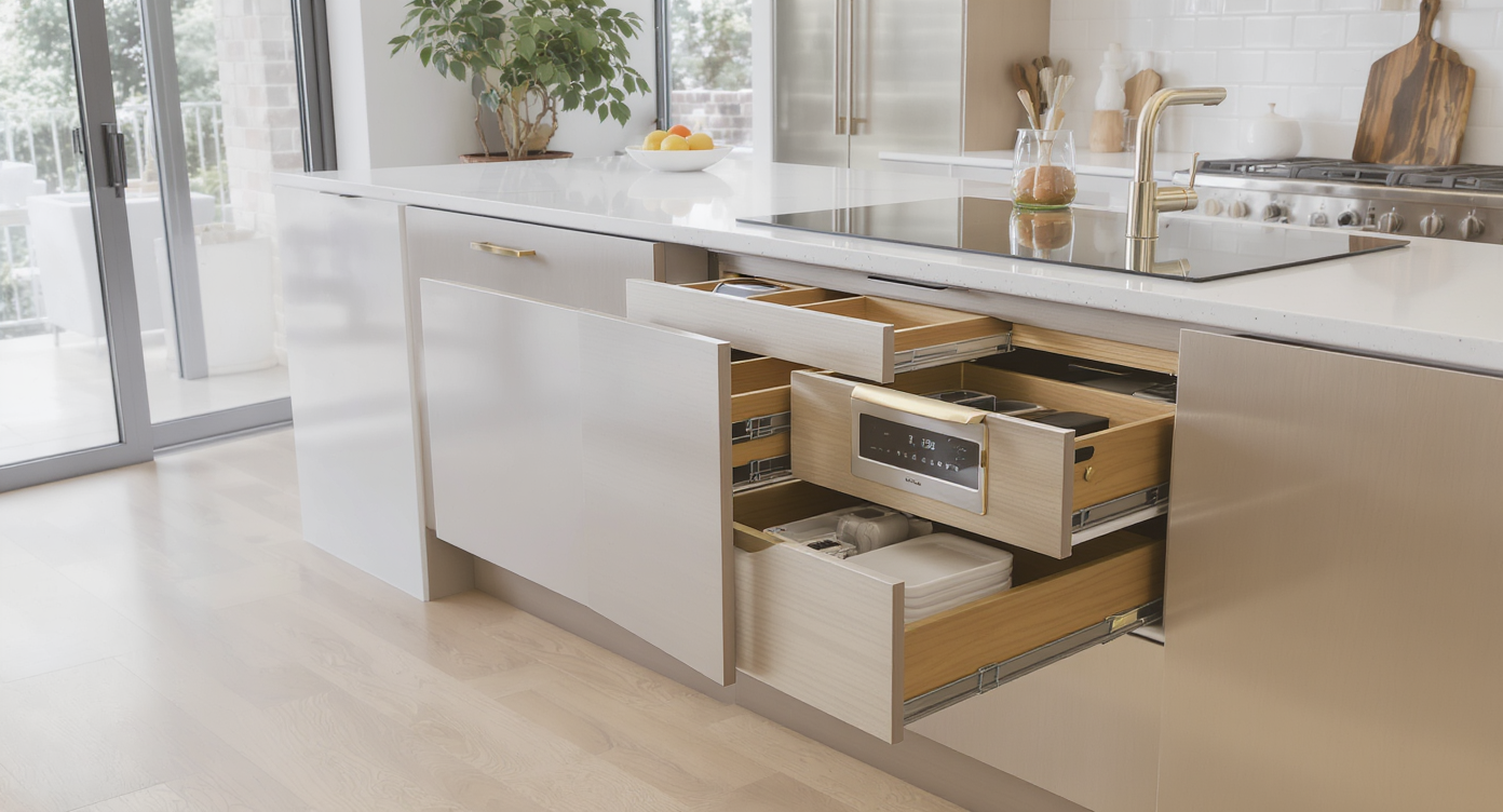A kitchen designed with hidden compartments for appliances, maintaining a clean and streamlined appearance.