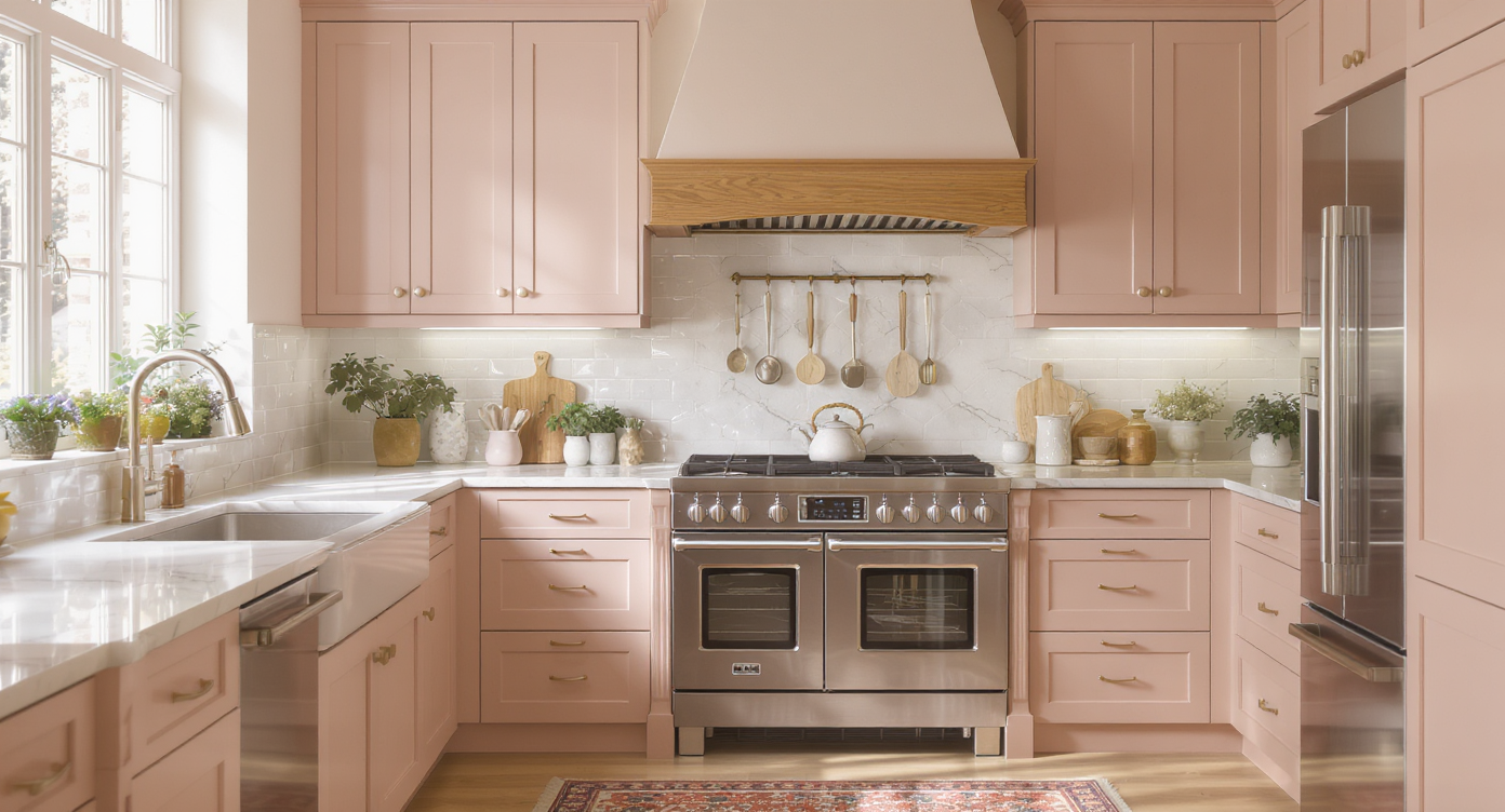 A kitchen with muted pink cabinetry creating a warm and inviting ambiance.