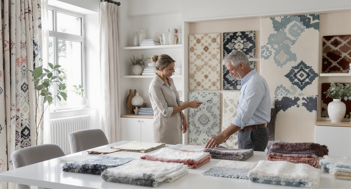 Interior design studio with a designer showing rug samples to a client, highlighting color textures and rug pads.