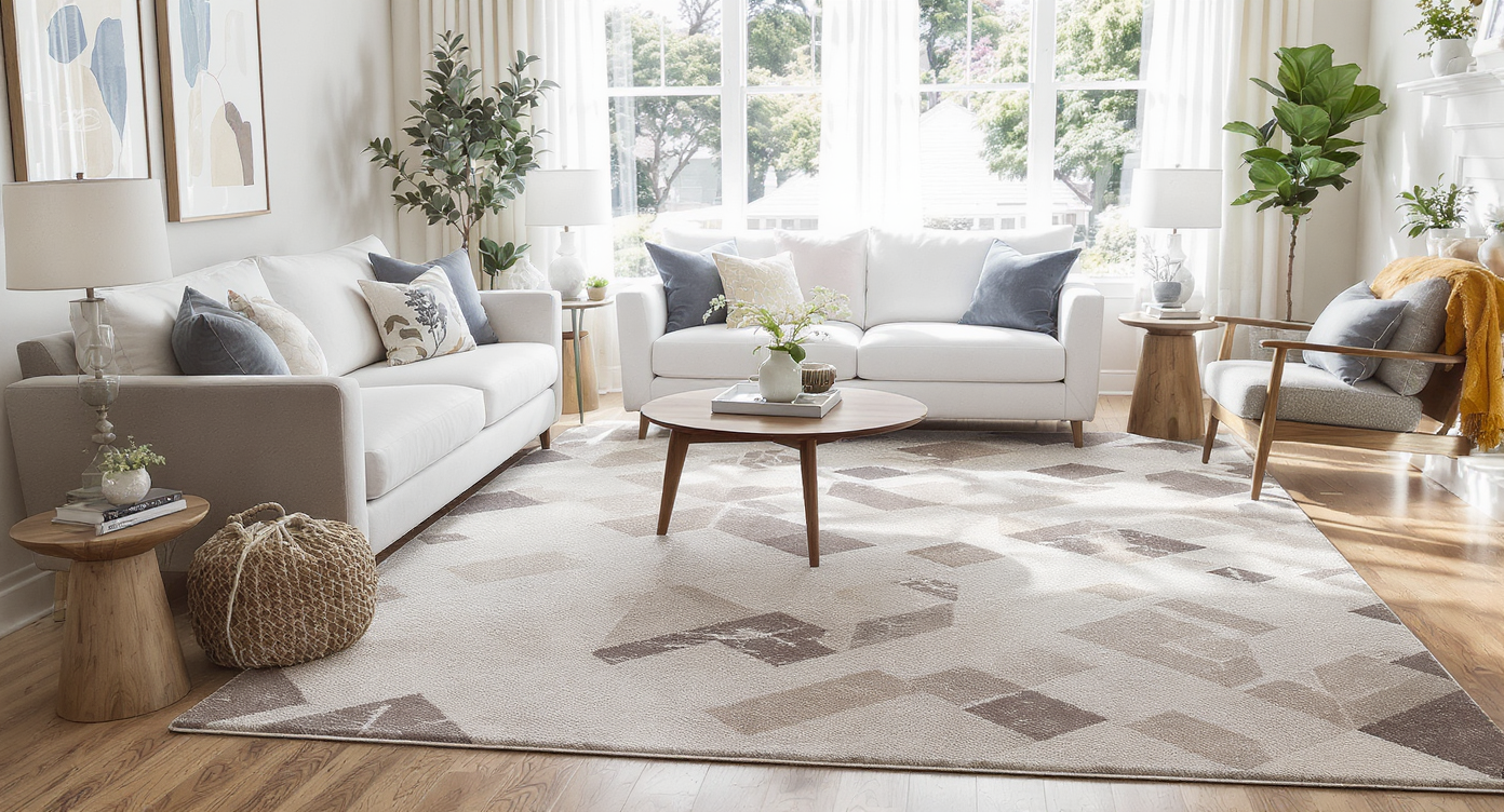 Bright and airy living room with a modern area rug anchoring the seating, showcasing geometric patterns and natural light.