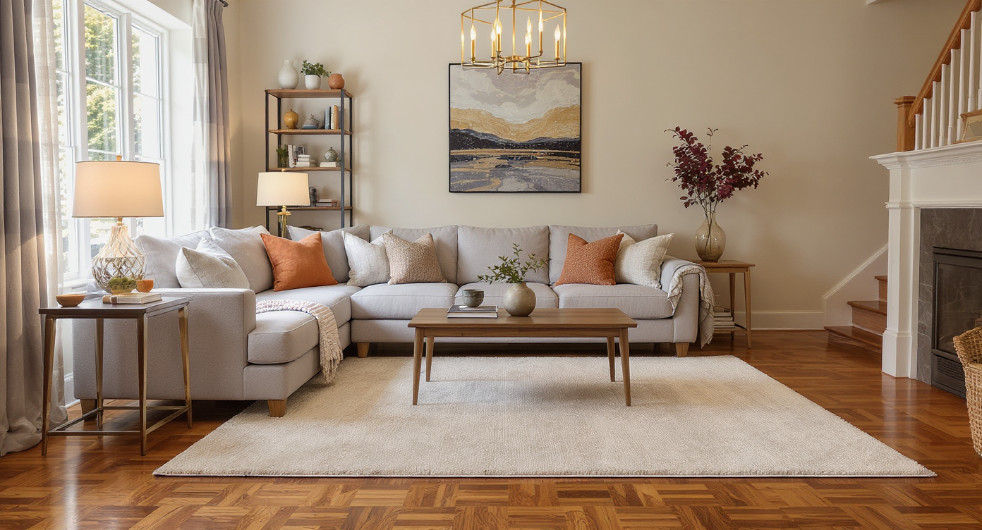Well-designed living room showcasing a rug placed under a sectional sofa and coffee table, with warm lighting.