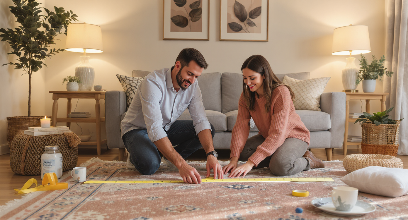 A couple measuring a living room space with painter's tape, preparing for the perfect rug placement.