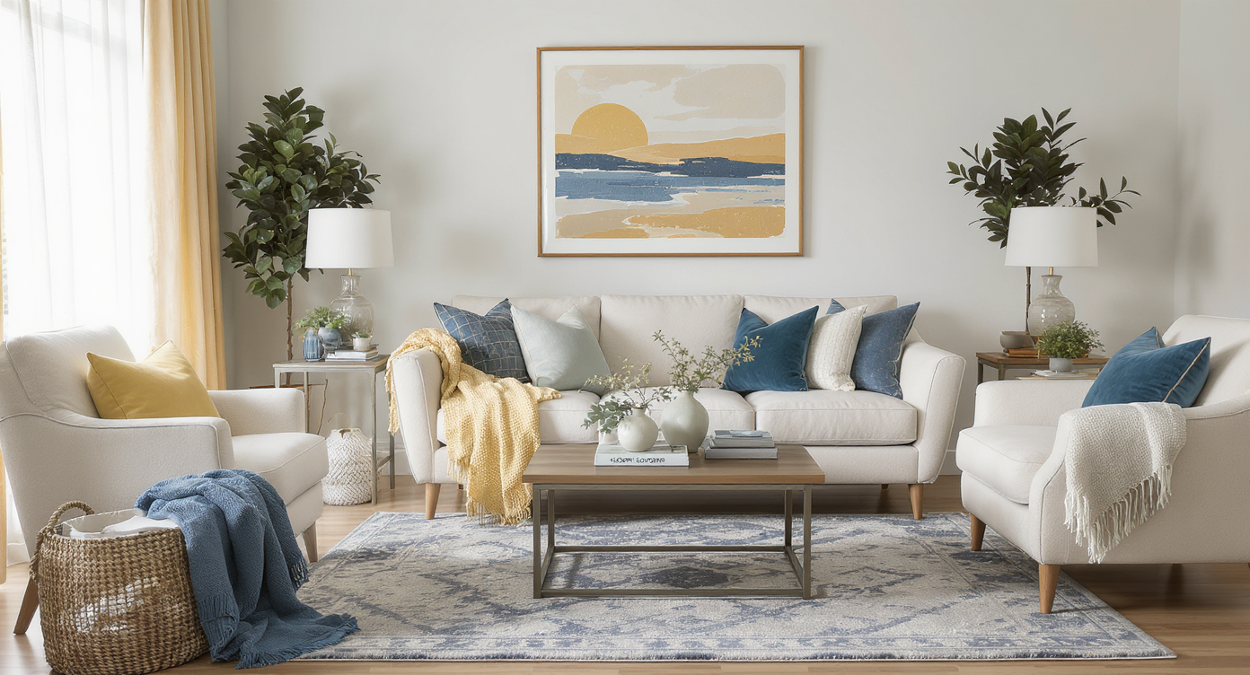 A living room designed with a consistent color loop, creating a harmonious and inviting space.