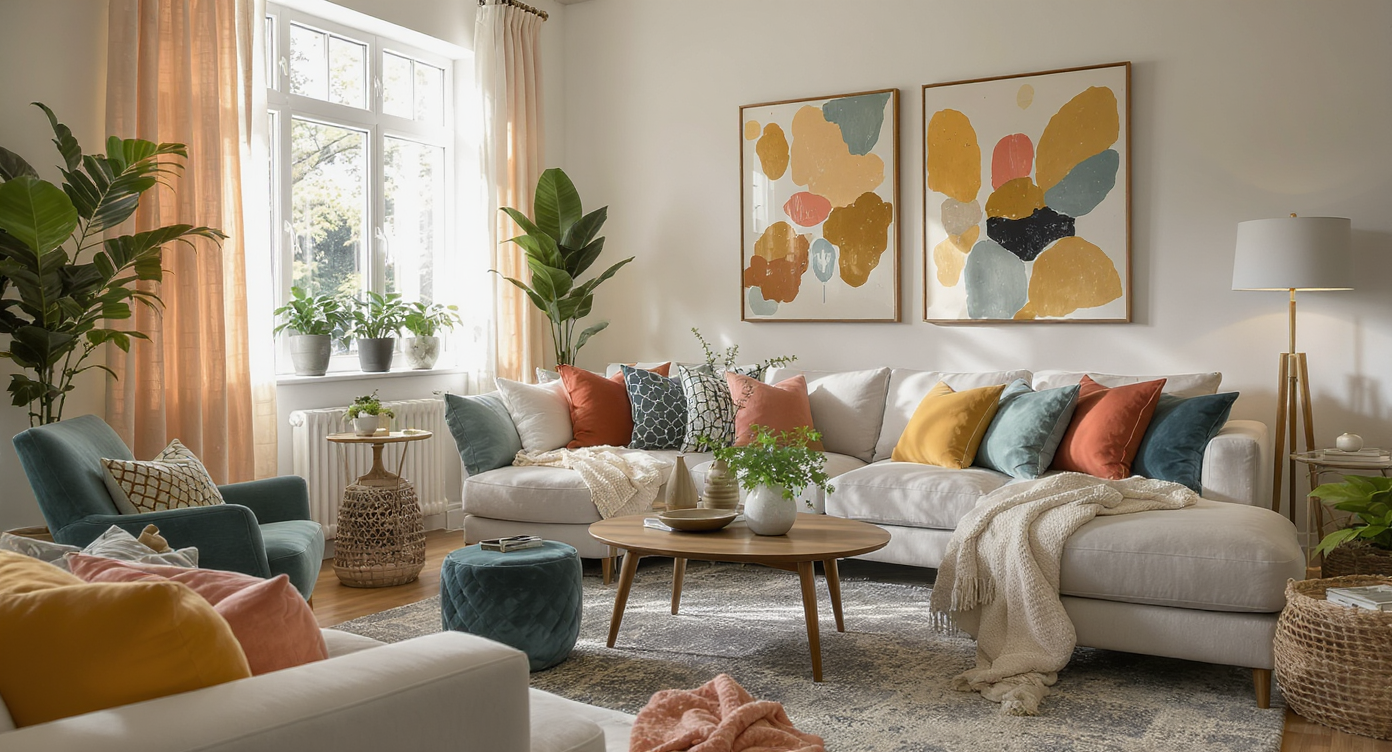A warm and inviting living room with colorful pillows, a textured rug, and plenty of natural light.