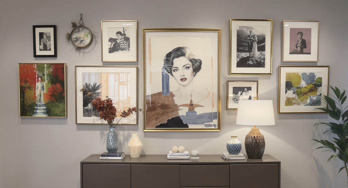 A living room wall adorned with a variety of framed artwork, adding character and warmth.