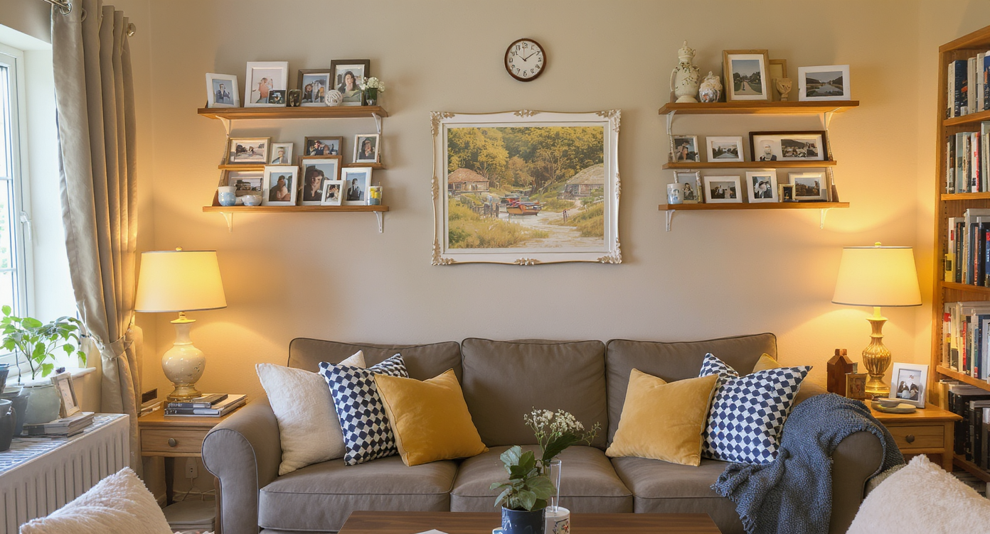 A living room displaying personal items like family photos and souvenirs, adding warmth and individuality.