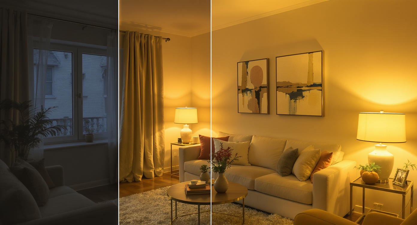 A living room with layered lighting from floor lamps and table lamps, creating warmth.