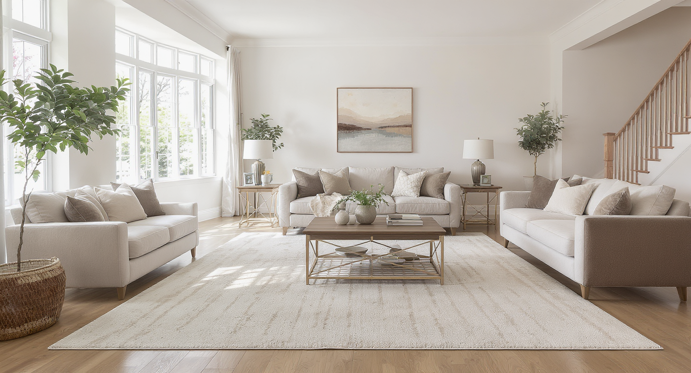 A well-arranged living room maintaining functional floor space for easy navigation.