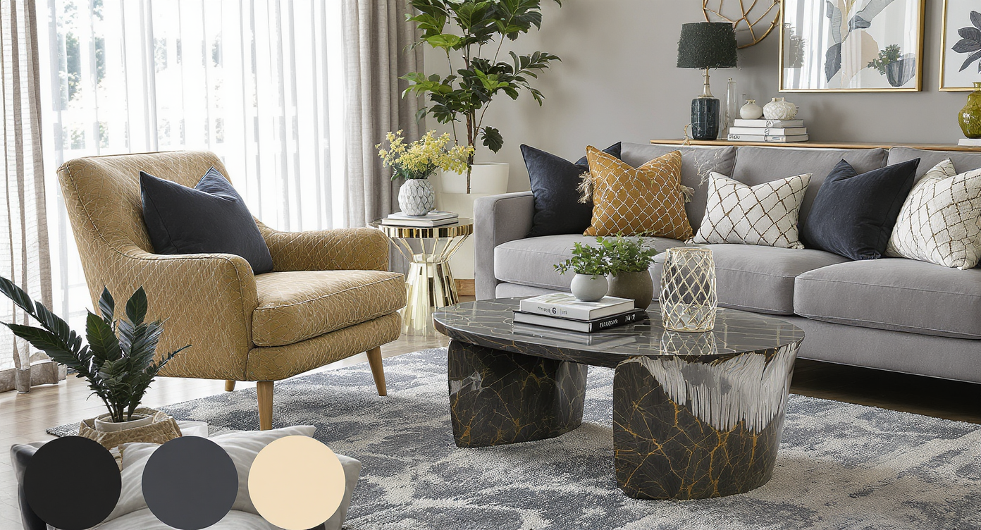 A living room with accent furniture, including a stylish chair and a unique coffee table, enhancing the space.
