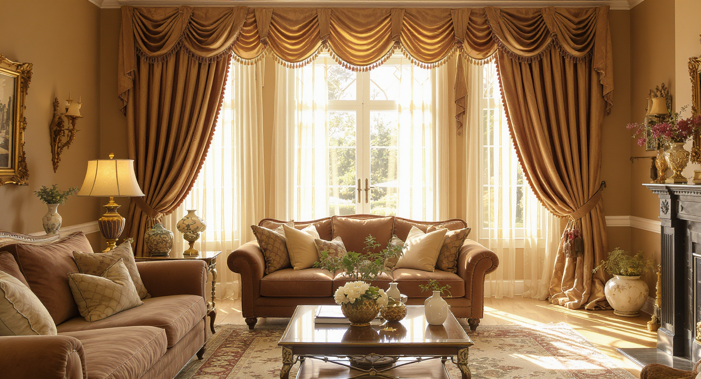 A living room with rich, textured curtains framing windows, creating depth and warmth.
