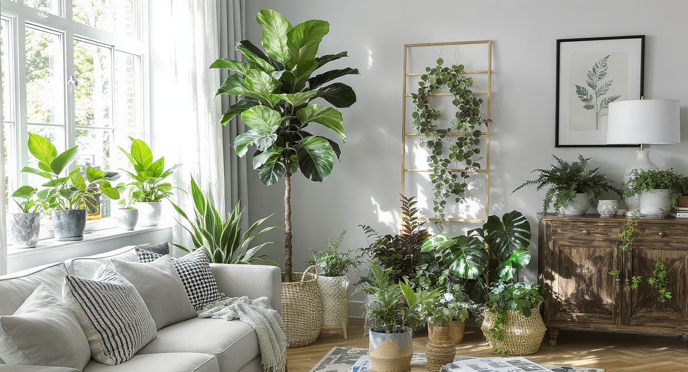 A living room corner with a fiddle leaf fig tree and various potted plants in natural light.
