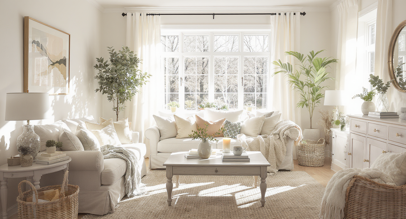 A cozy living room with neutral decor and plants, transitioning from holiday decorations to everyday comfort.