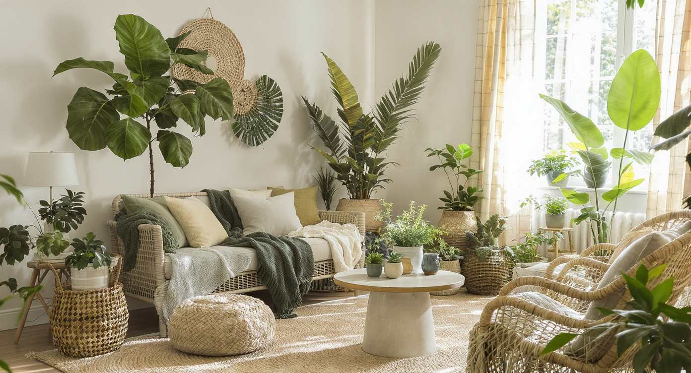 A living room filled with plants and natural textures, creating a fresh and inviting ambiance.