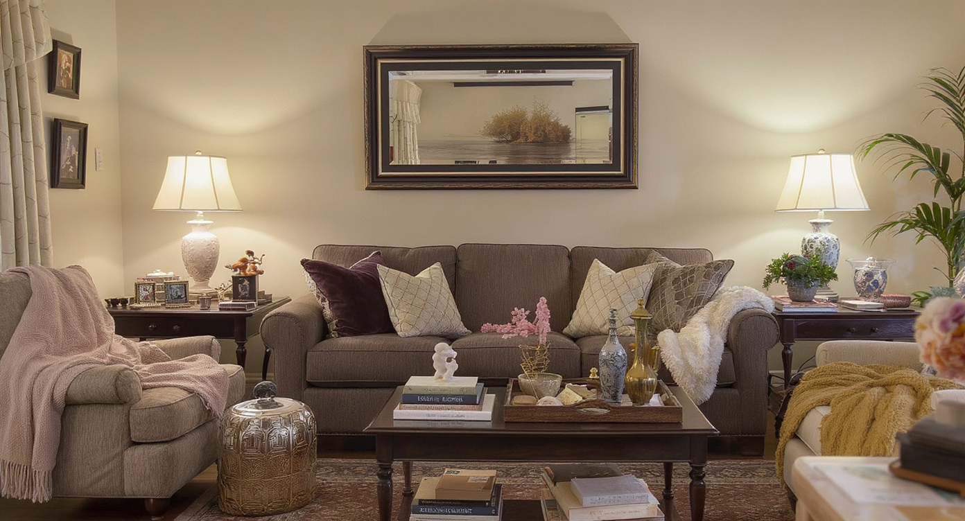 A cluttered living room illustrating common decor mistakes, with overwhelming trinkets and poor layout.
