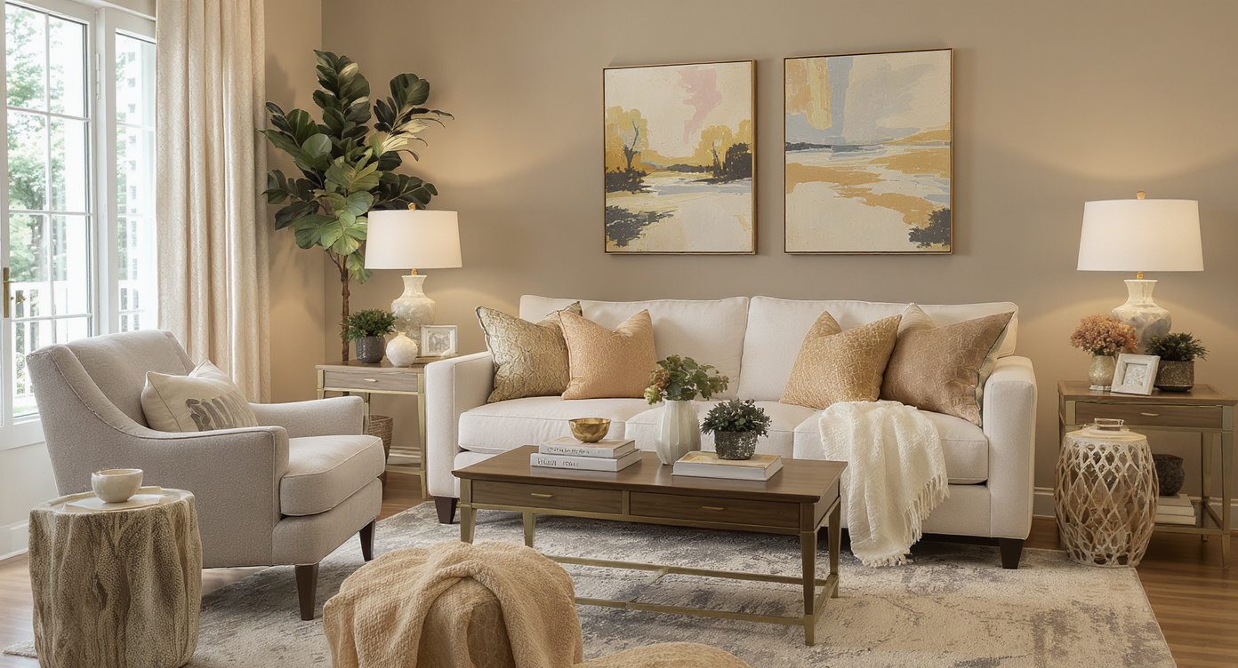 An expert-designed living room with inviting furniture layout and harmonious decor elements creating comfort.