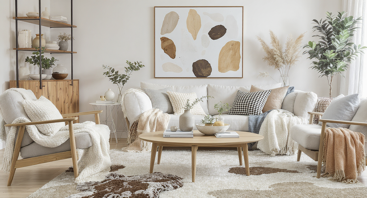 A stylish living room with various textures and balanced decor, creating an inviting and cohesive atmosphere.