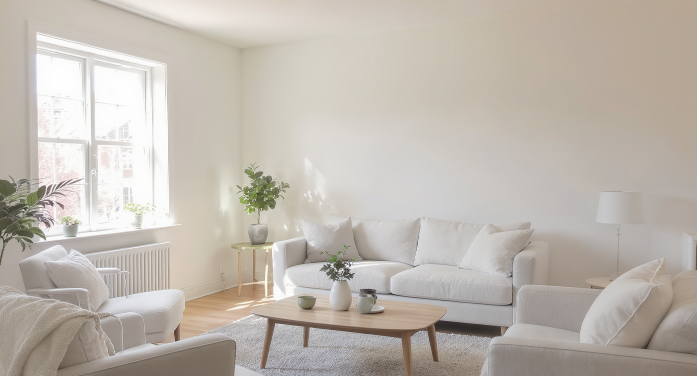 A minimalist living room without holiday decorations, emphasizing its potential for warmth and comfort.