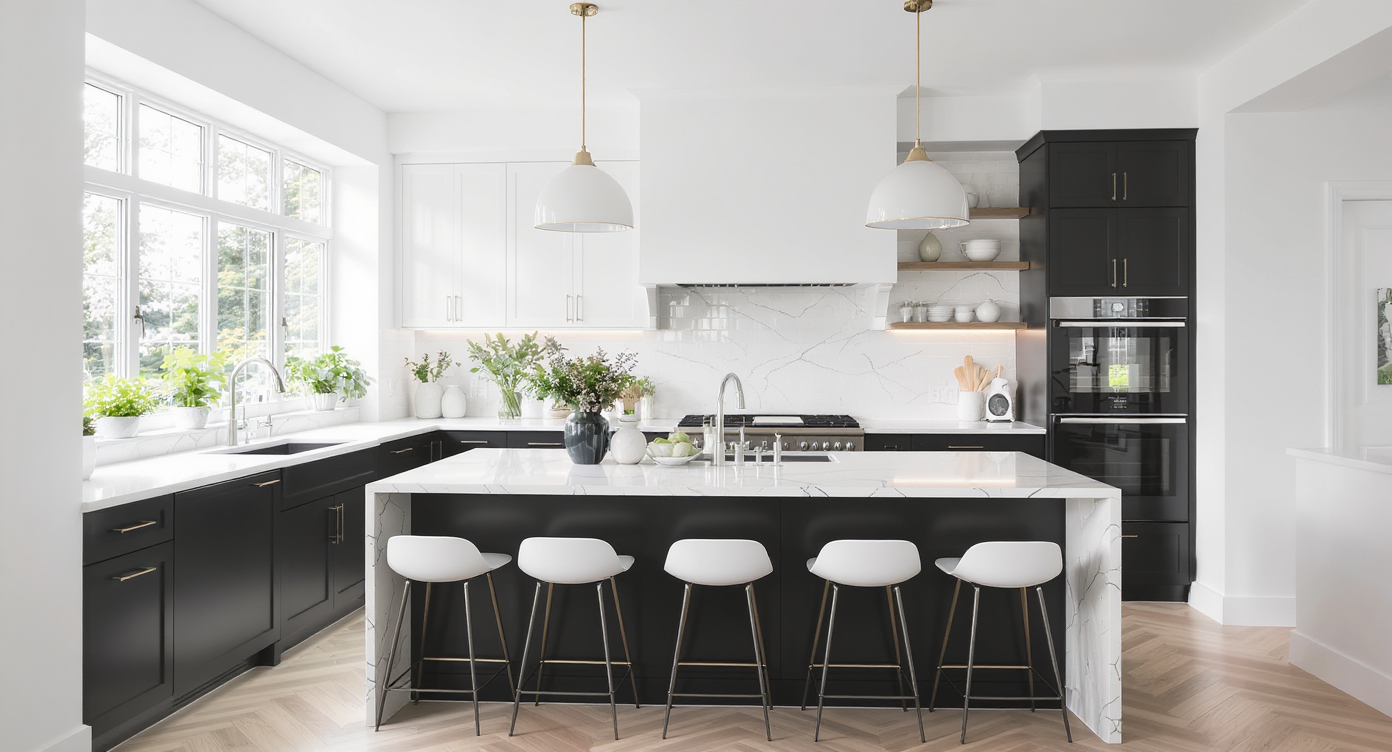 A modern open-plan kitchen with sleek black cabinets, white marble countertops, and large windows filling the space with light.