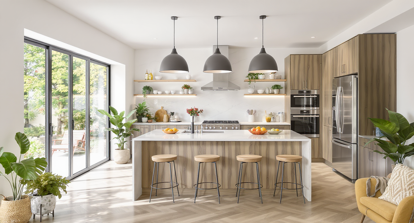 A spacious modern kitchen layout with an island and integrated appliances, showing vibrant decor and houseplants.