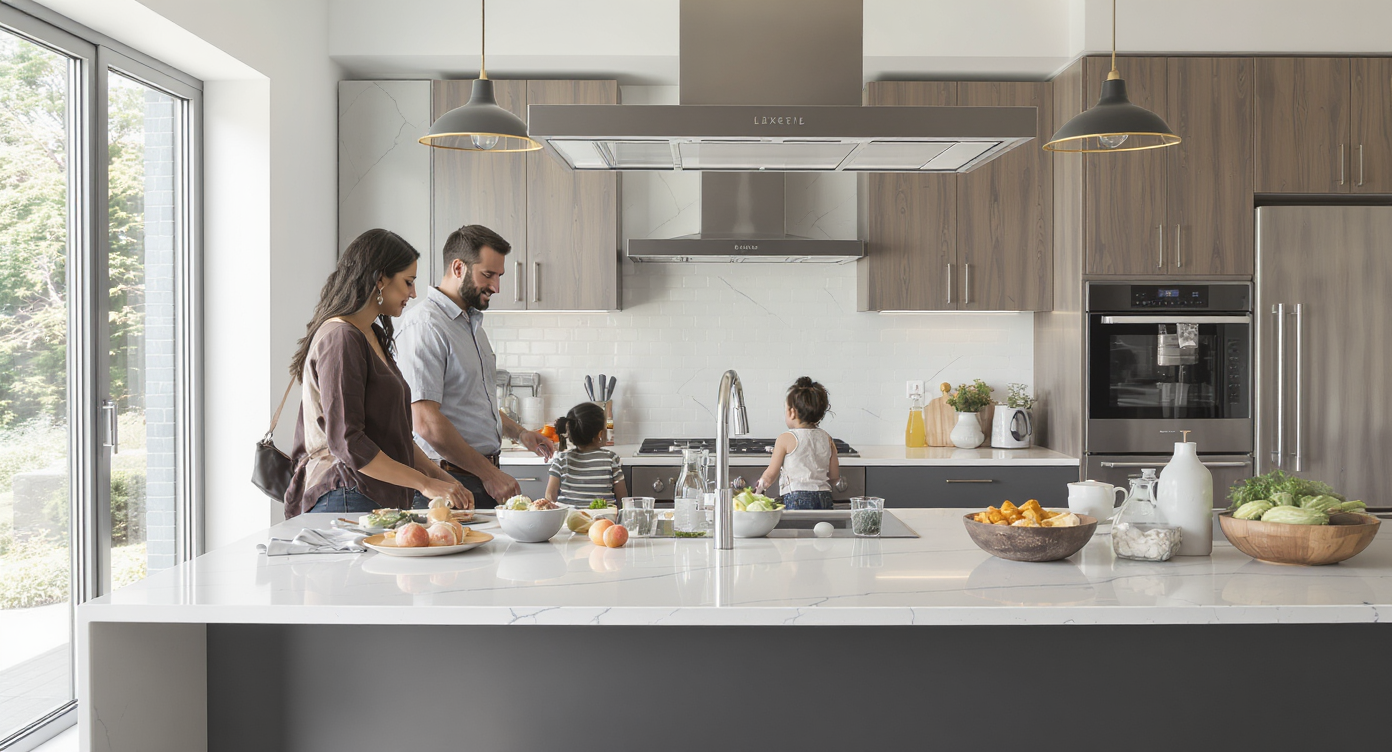 A family in a modern kitchen gathering around a spacious countertop filled with natural light from large windows.