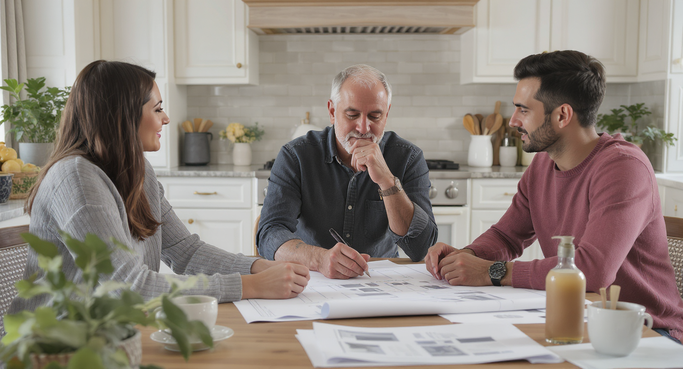 A homeowner and designer in discussion over renovation blueprints, with an elegantly designed kitchen visible in the background.