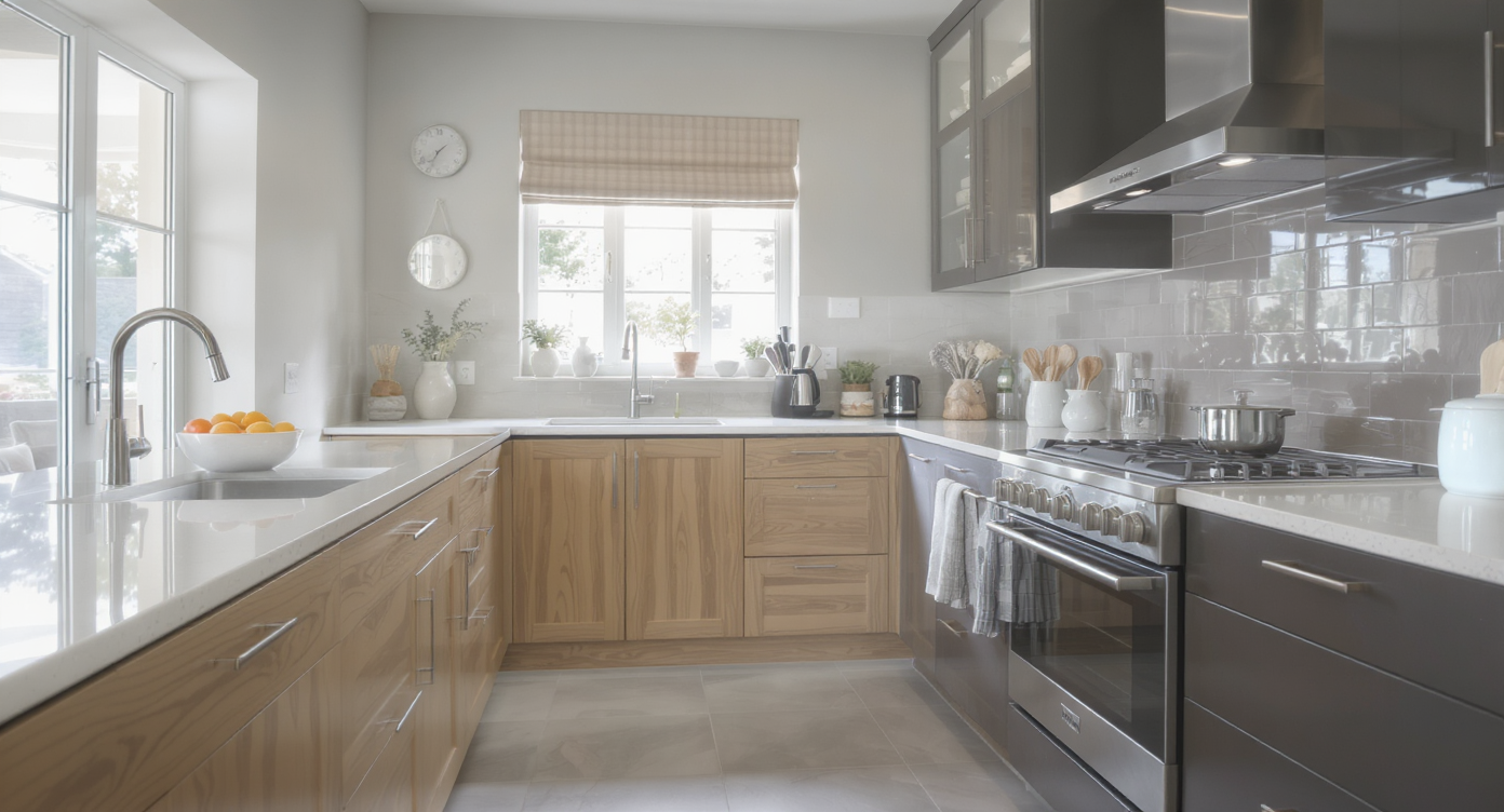 A thoughtfully designed kitchen illustrating effective spatial dynamics with textured wood and glossy tile finishes.