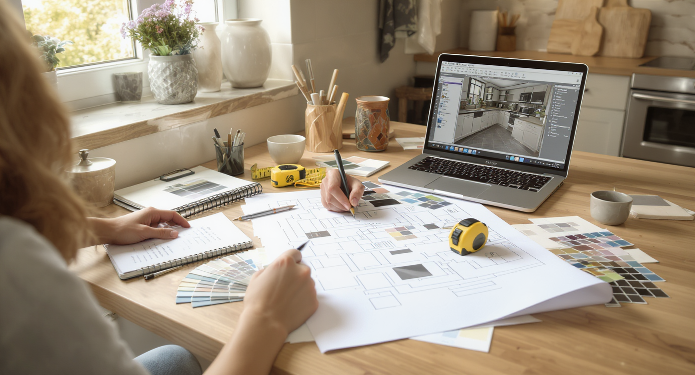 A designer in a cozy kitchen corner sketching plans with color swatches and tools like a tape measure nearby.