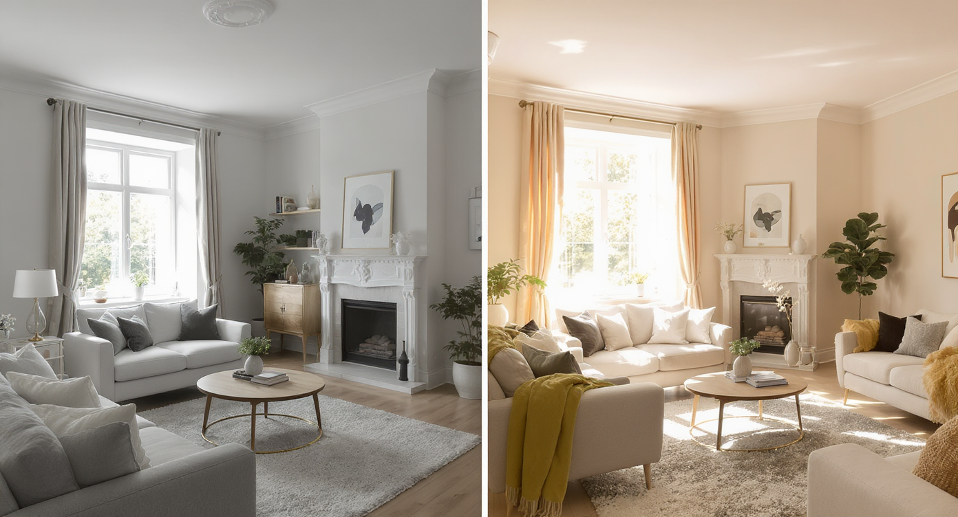 A comparative chart of room orientations showing light and temperature effects for north and south-facing rooms.