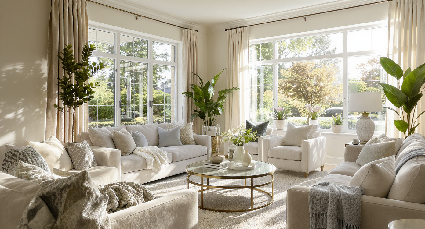 A sunlit living room with south-facing windows, cozy furniture, and greenery, showcasing a bright and inviting atmosphere.