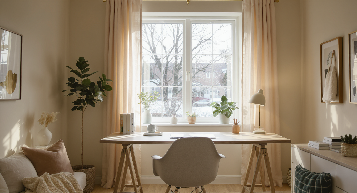A chic home office with a north-facing window, featuring soft lighting and a stylish workspace.