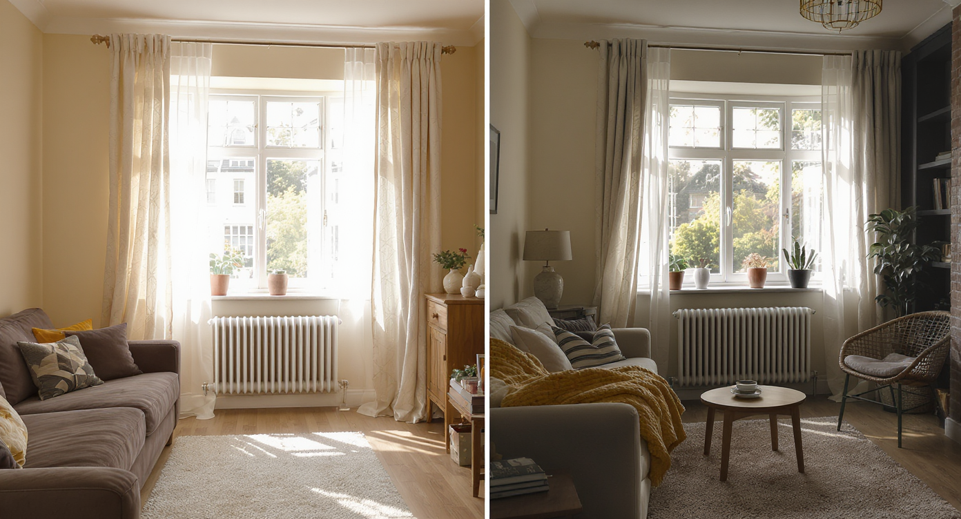 An infographic illustrating energy efficiency tips based on room orientation with relevant visuals.