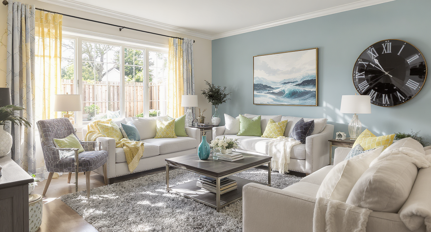 A vibrant living room showcasing design choices for a south-facing orientation with ample sunlight.