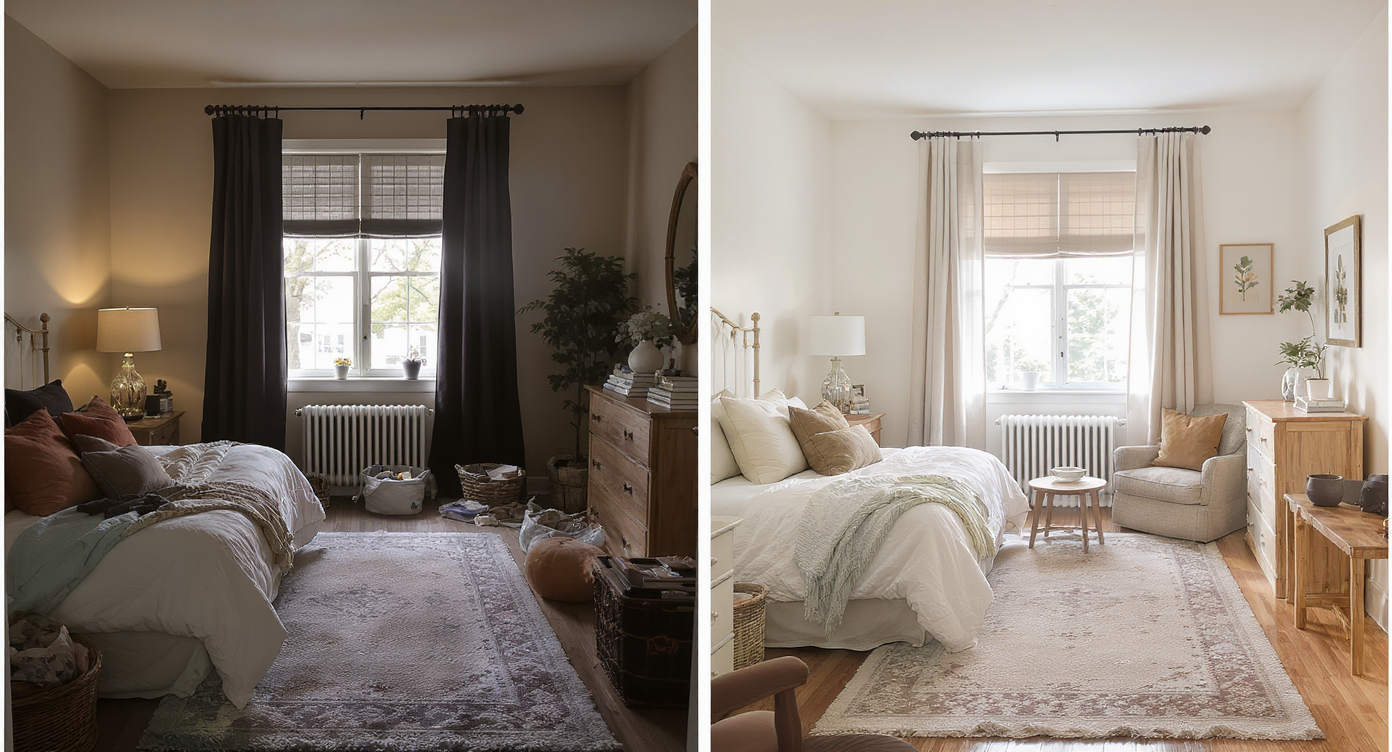 A poorly designed north-facing bedroom illustrating common mistakes in orientation and layout.