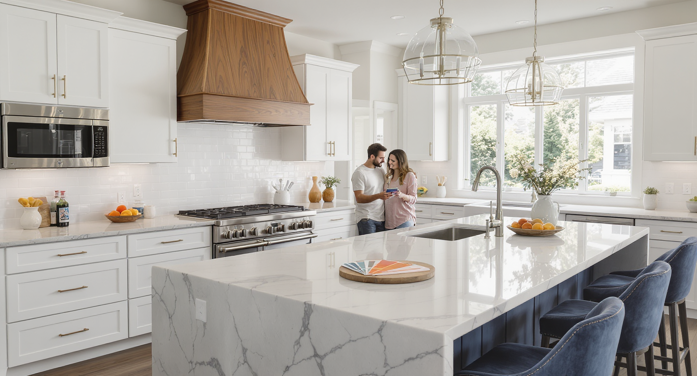 A modern kitchen with a bright and spacious layout, highlighting a central island and natural lighting.