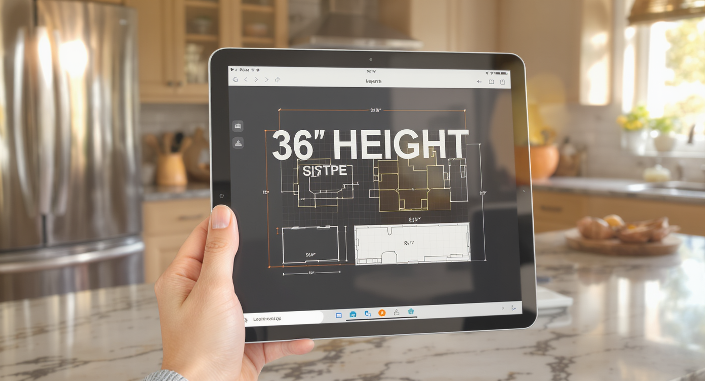 A close-up of a tablet displaying kitchen counter height plans, set against a stylish kitchen background with natural light.