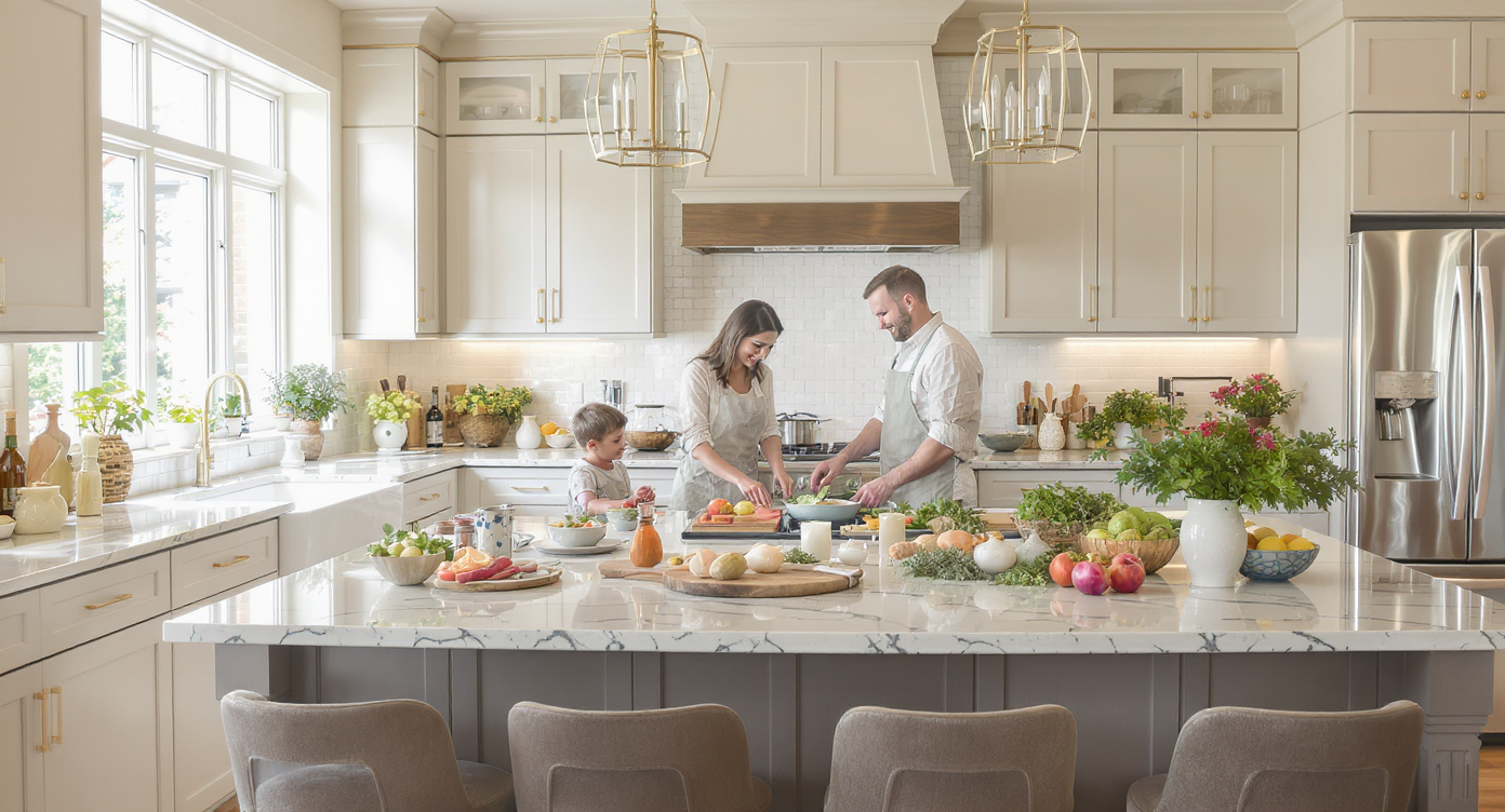 A family cooking in a bright kitchen, emphasizing a functional 36-inch countertop height with cheerful activity.