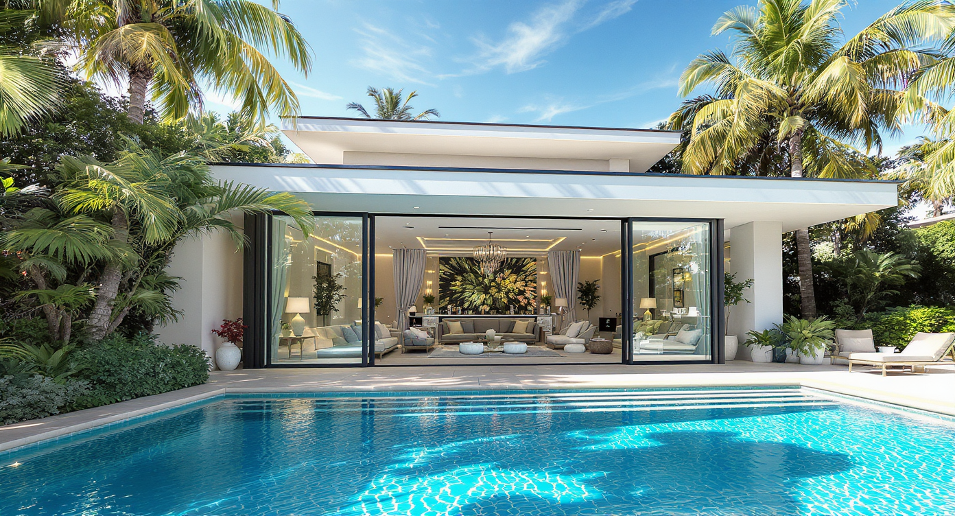 A modern pool house with large glass doors and a lush green backdrop, showcasing elegant interior design.