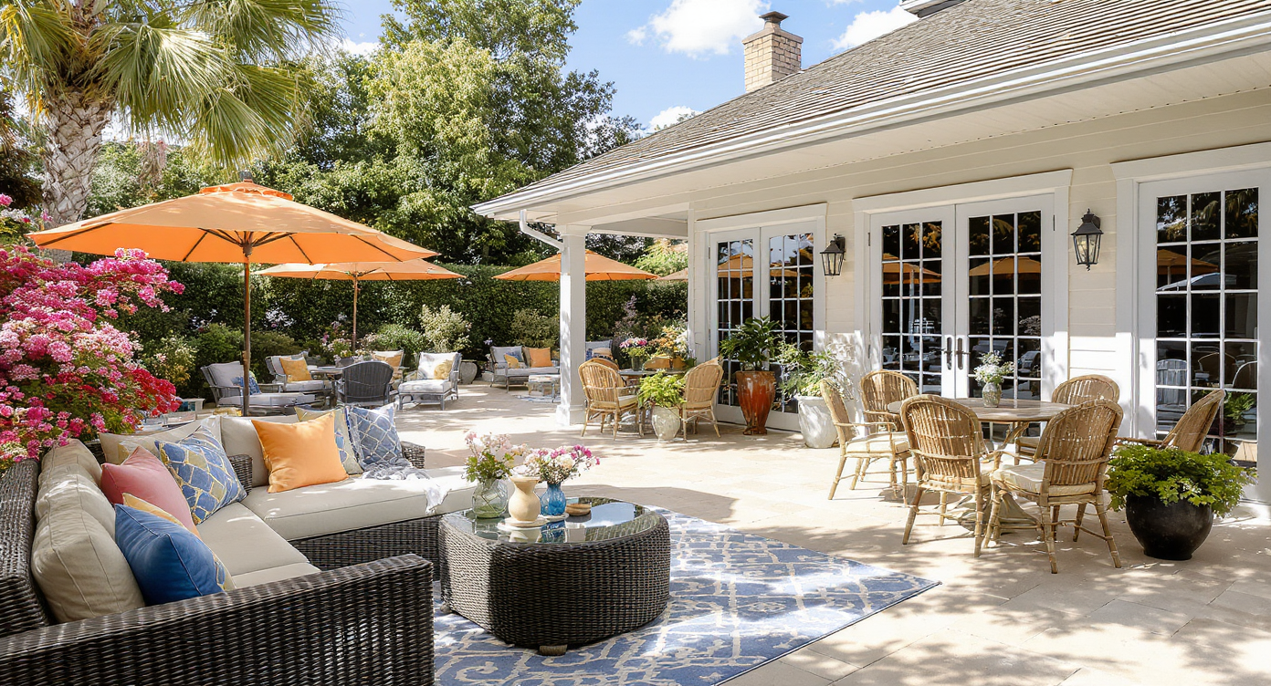 A lively patio next to a pool house, furnished with comfortable seating and surrounded by lush greenery.