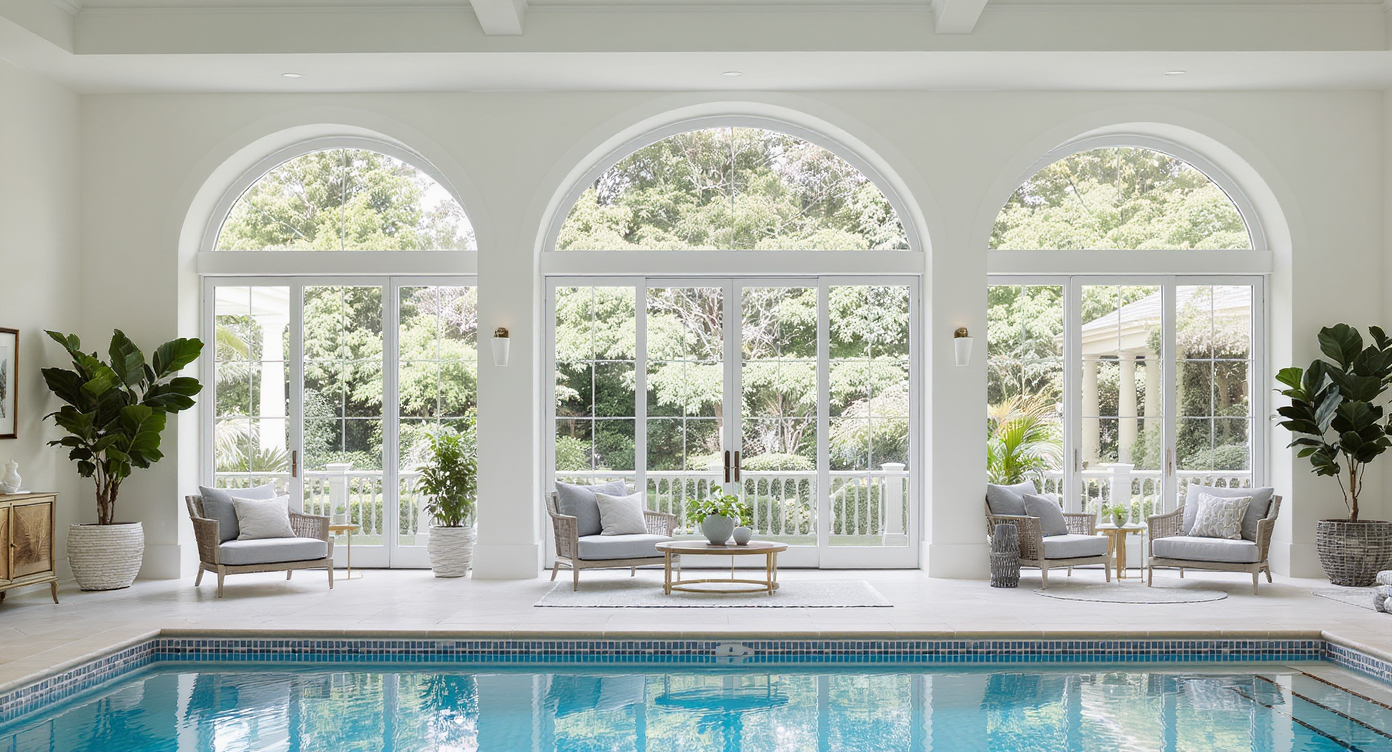 A stylish pool house with large arched windows allowing natural light, enhancing its elegance and sophistication.