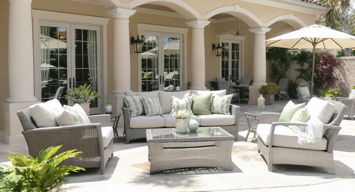 Durable outdoor furniture surrounding a pool house, highlighting style and comfort for outdoor living.