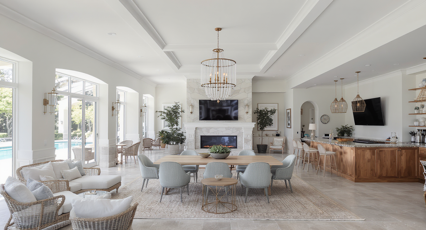 A converted garage into a spacious pool house with a lounge area and bar, designed for relaxation and entertainment.