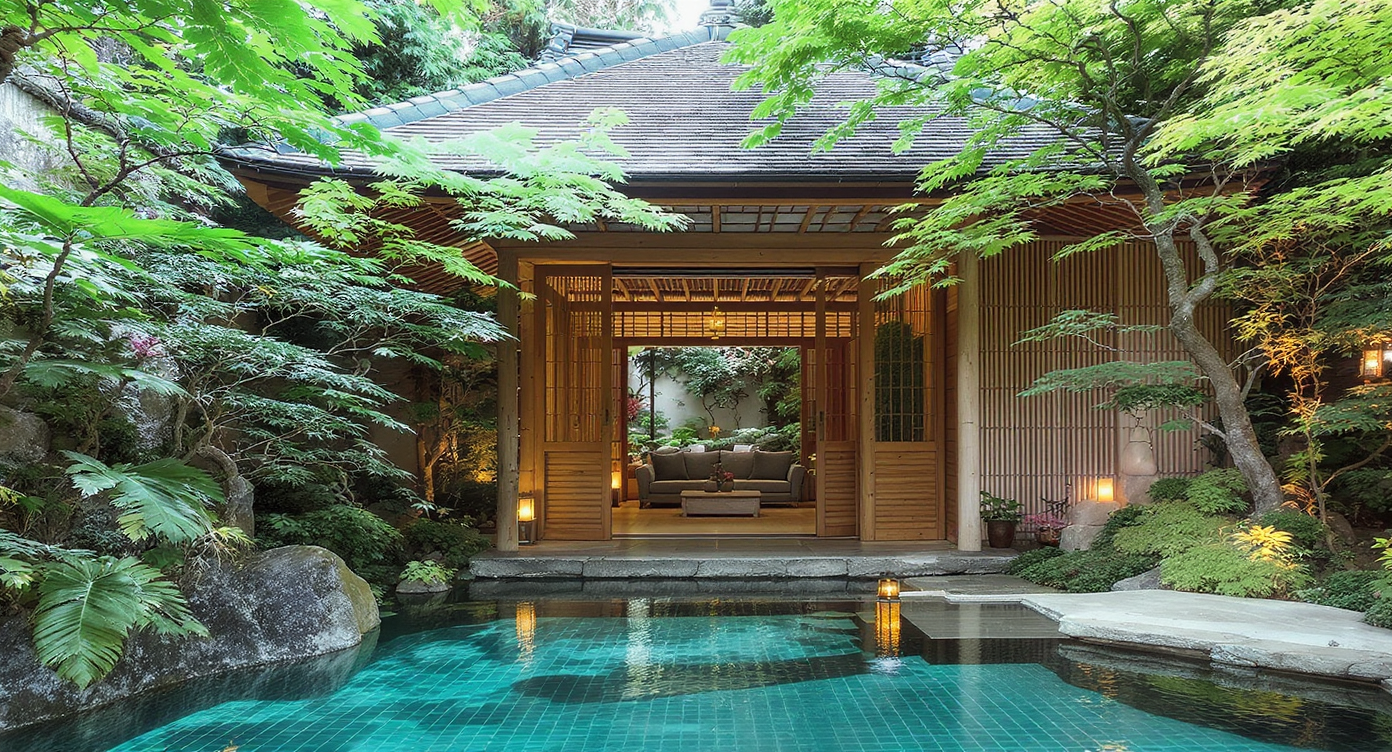 A Zen-inspired pool house with natural materials and greenery, creating a tranquil retreat for relaxation.