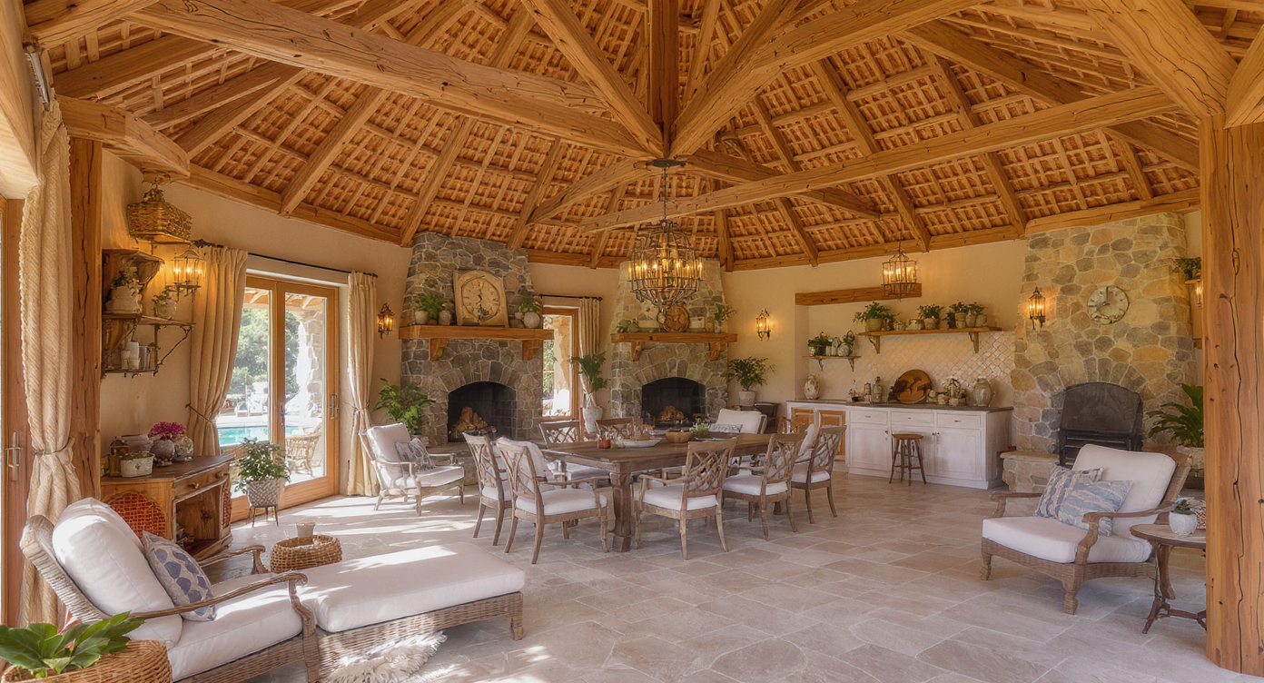 A rustic pool house featuring exposed wood beams and natural stone, creating a warm and inviting atmosphere.