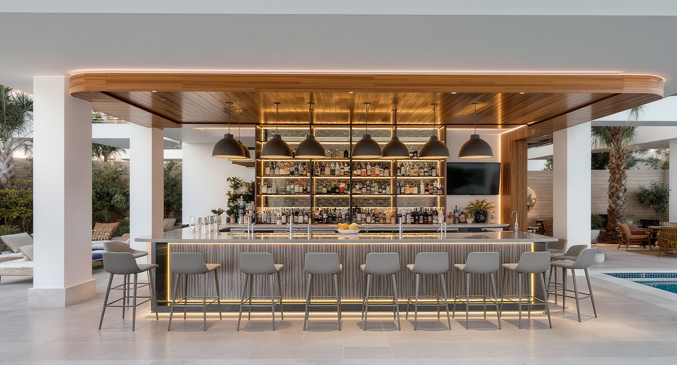 A modern bar in a pool house, designed with sleek cabinetry and ambient lighting for a sophisticated atmosphere.