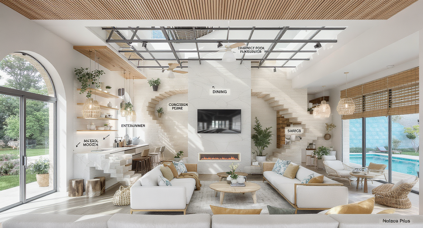 A contemporary open-plan pool house interior showcasing flexible spaces filled with light and stylish decor.