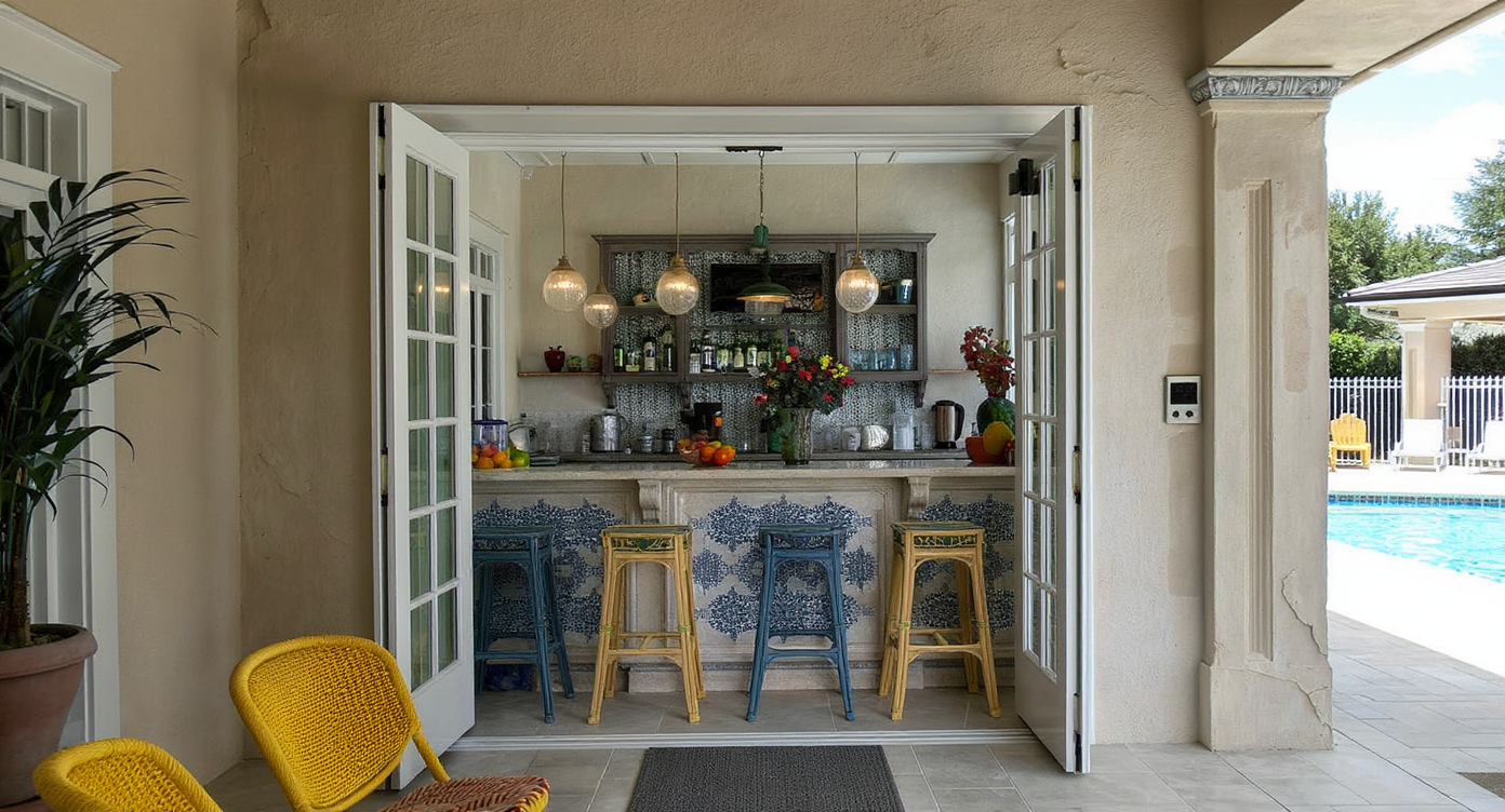 An indoor-outdoor bar in a pool house, boasting vibrant decor and large doors leading to the poolside area.
