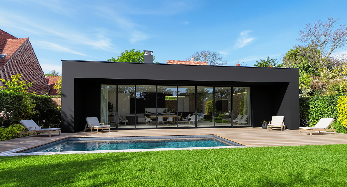 A contemporary pool house painted black with large windows set on a green lawn, surrounded by stylish wooden decking.