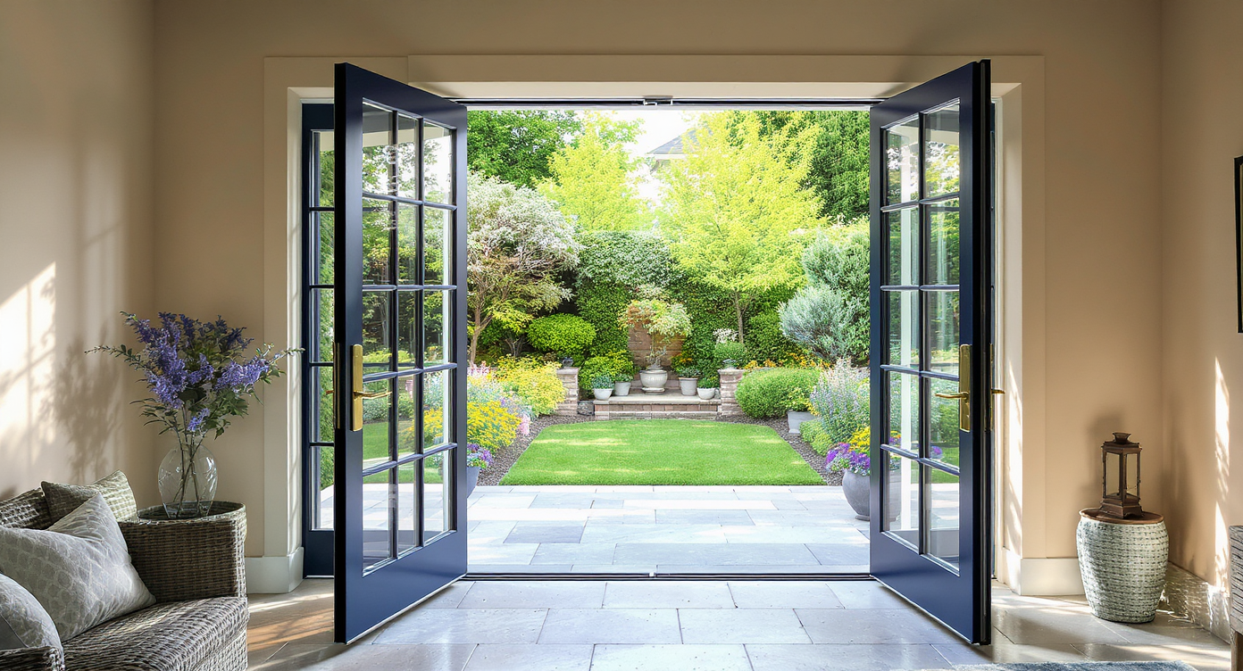 Elegant French doors in a pool house leading to a vibrant garden, enhancing natural light and connection to the outdoors.